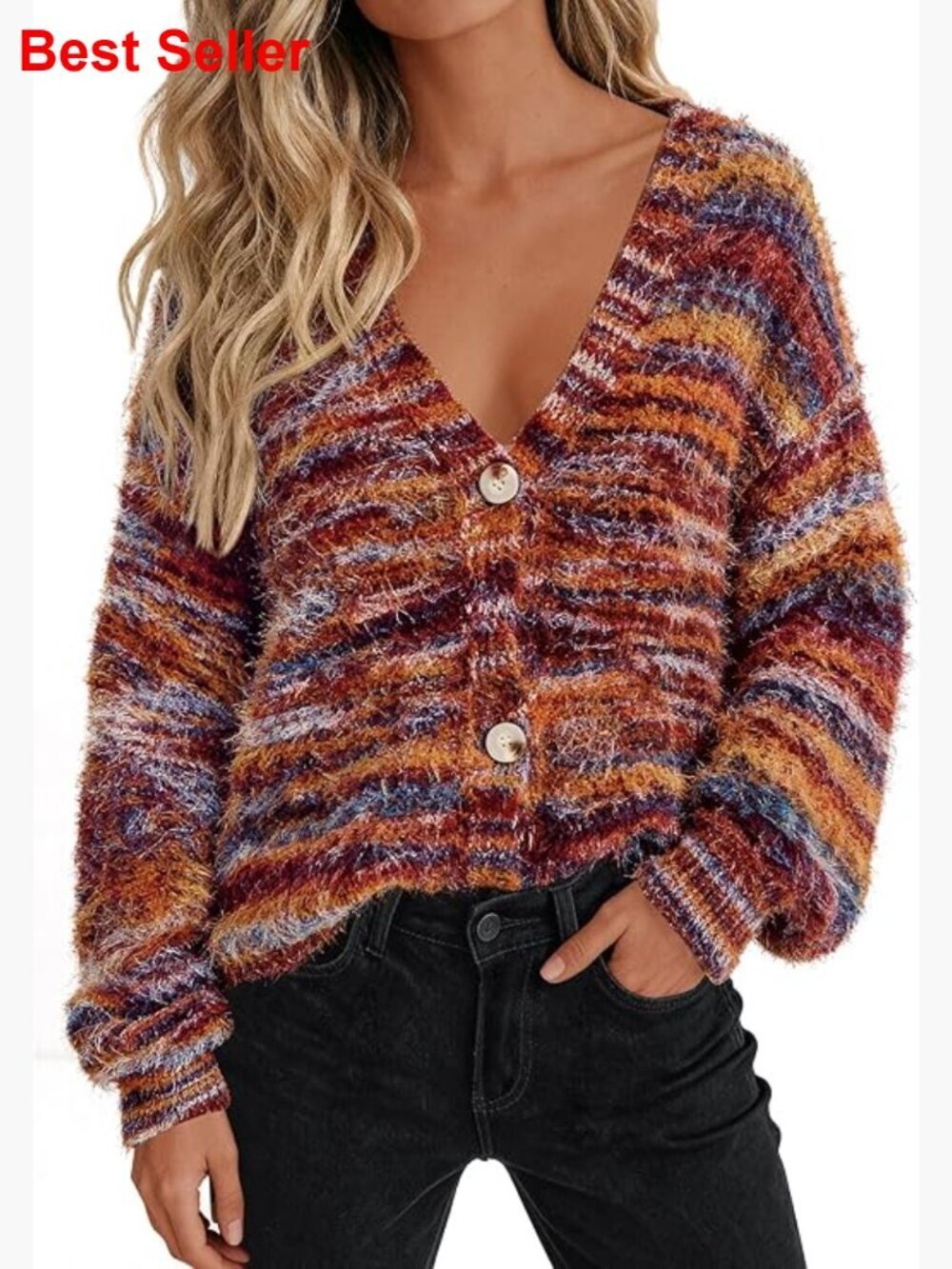 Striped Long Sleeve Button V Neck Knit Fuzzy Cardigan Sweater